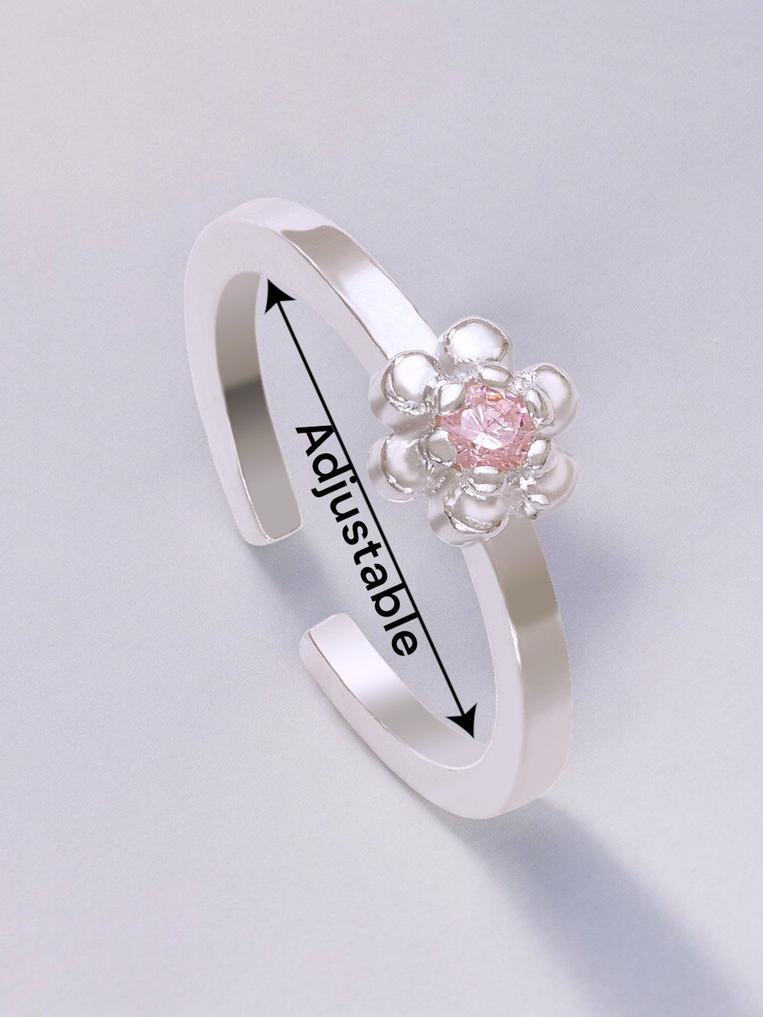 Taraash Adjustable Floral 925 Sterling Silver Toe-Rings with Pink CZ for Women
