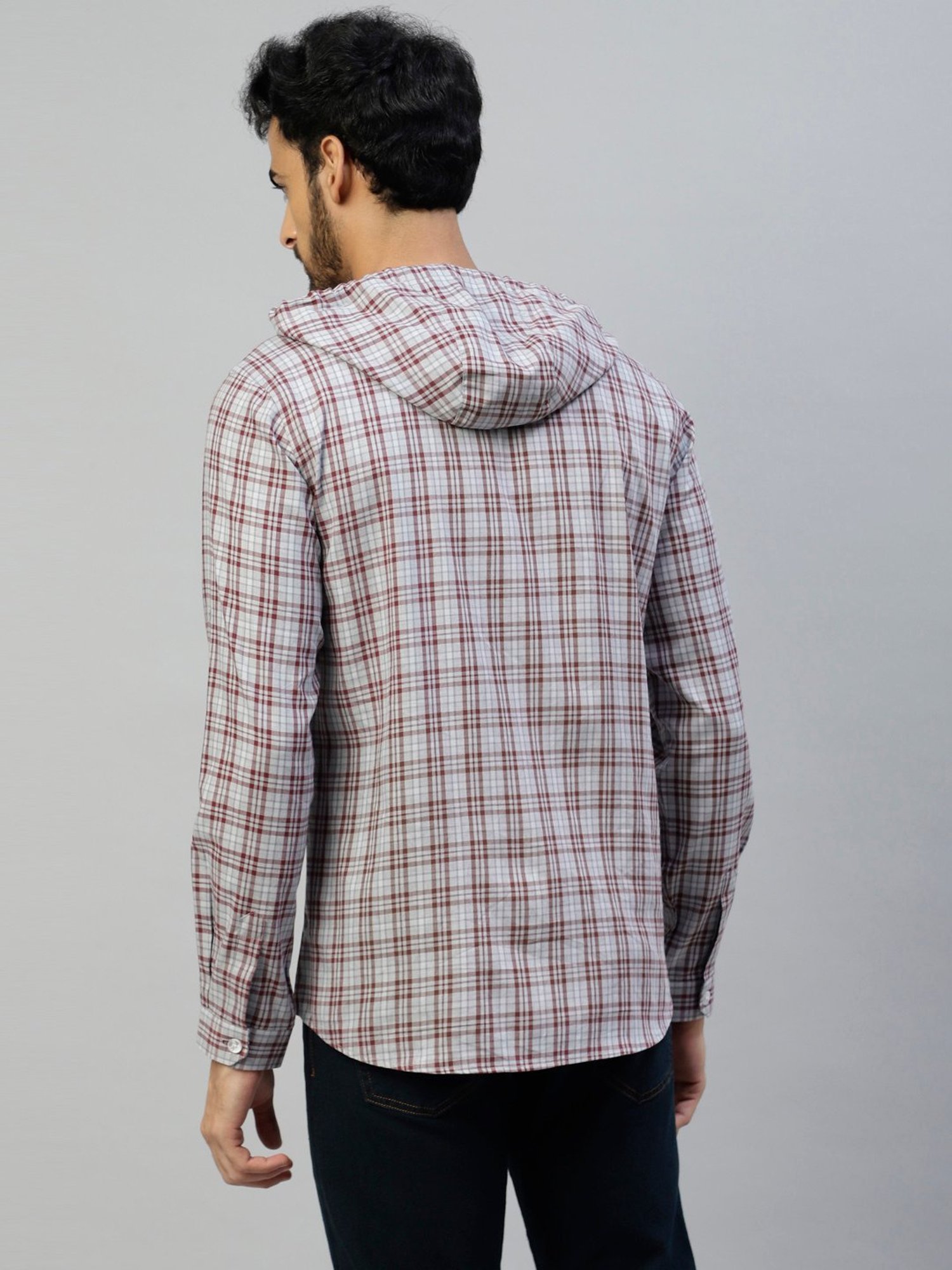Don Vino Grey & Brown Regular Fit Check Cotton Hooded Shirt