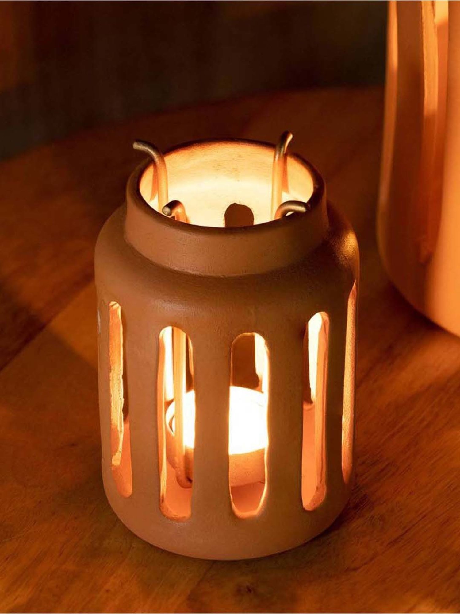 Ellementry Lupa Brown Terracotta Small Round Lantern with Metal Handle