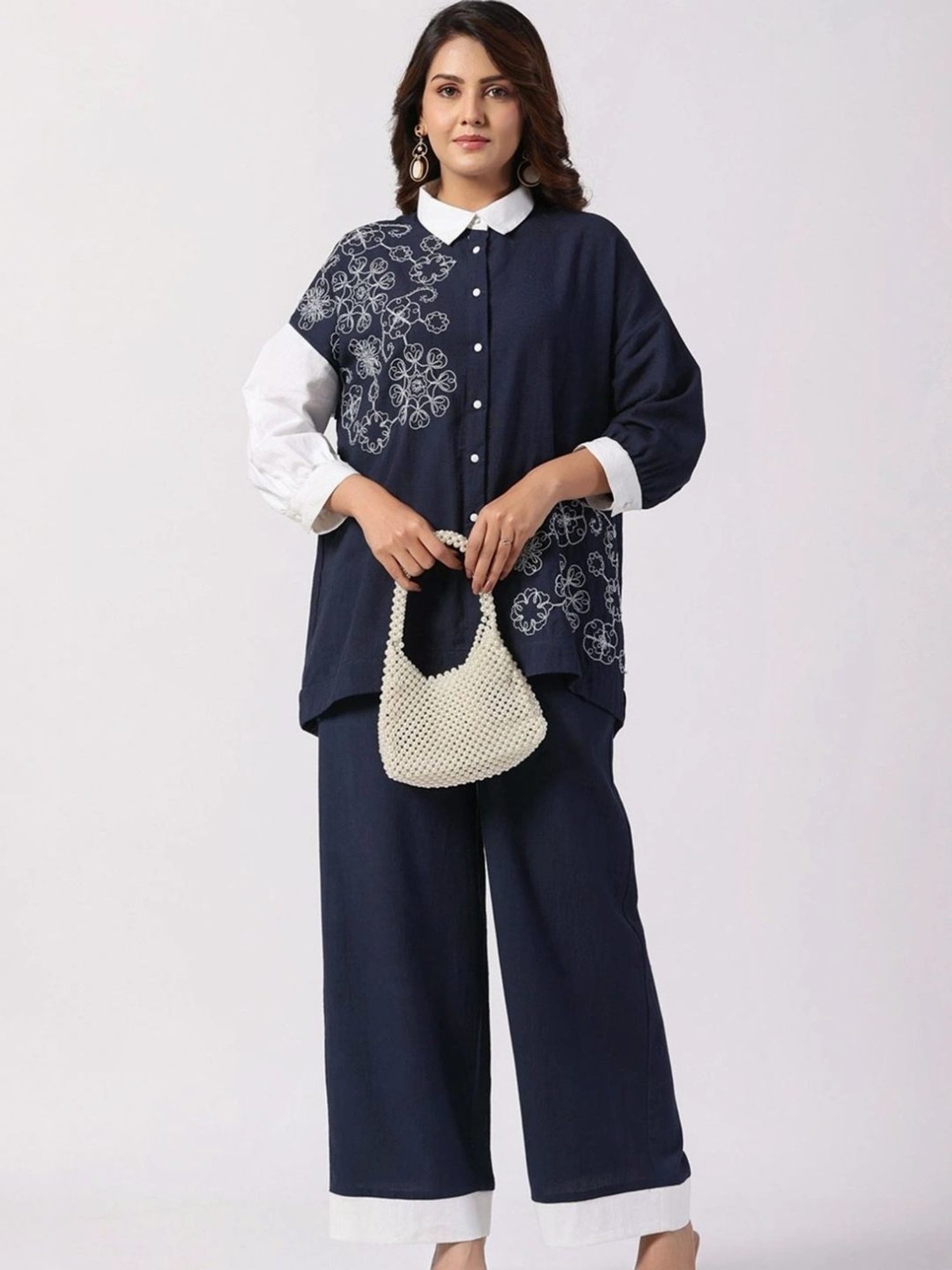 Kaftanize Navy Blue & White Embroidered Cotton Shirt with Pant Co-Ord Set