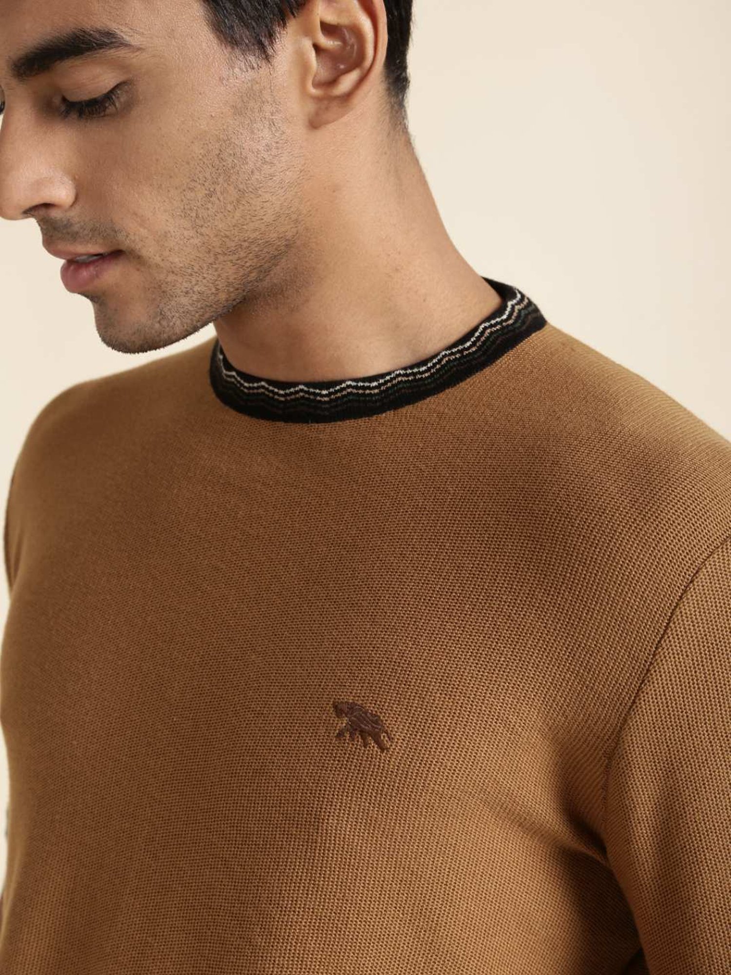 Andamen Brown Regular Fit Self Pattern T-Shirt