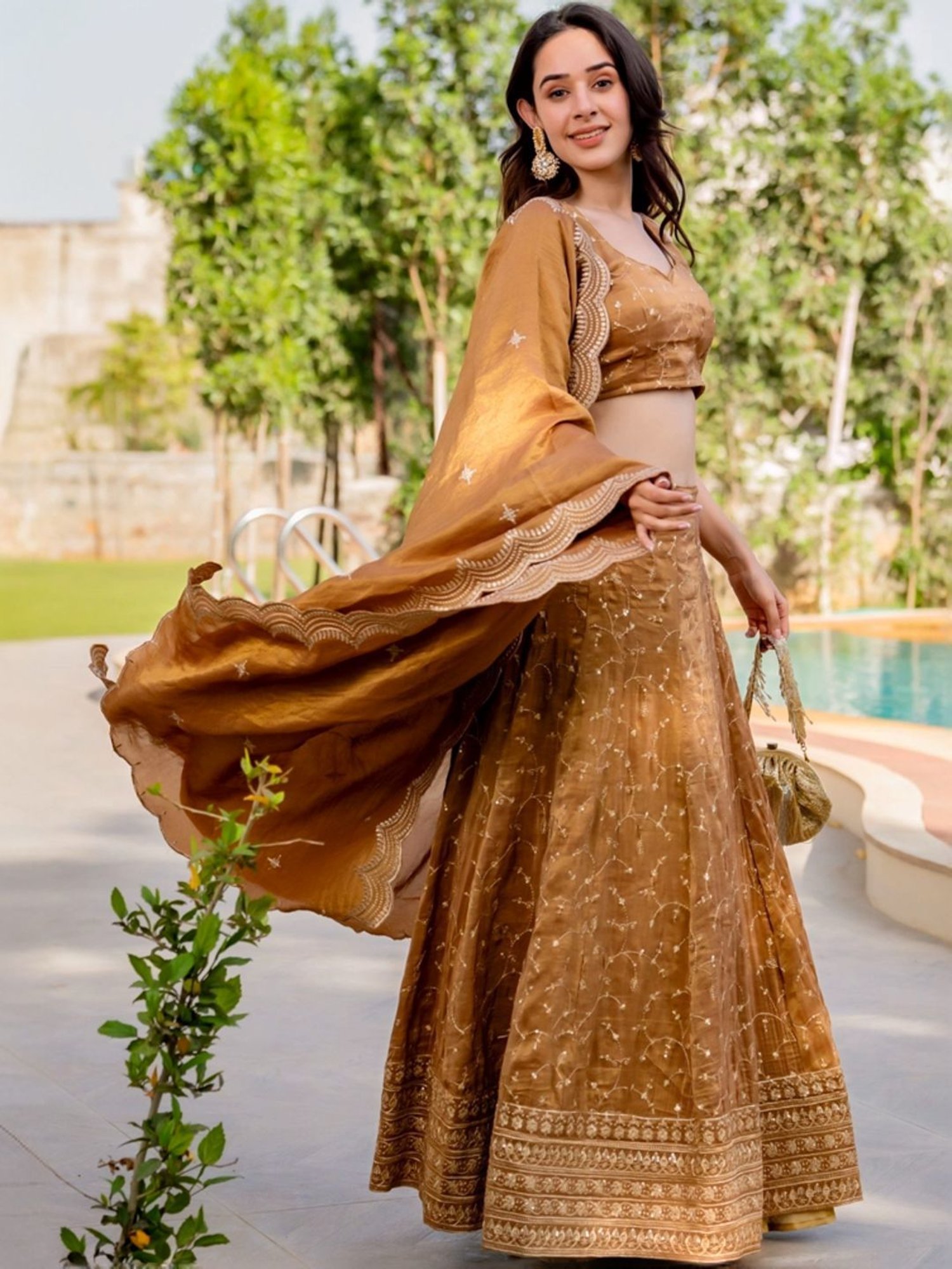 HOUSE OF JAMOTI Brown Embroidered Lehenga Choli Set With Dupatta