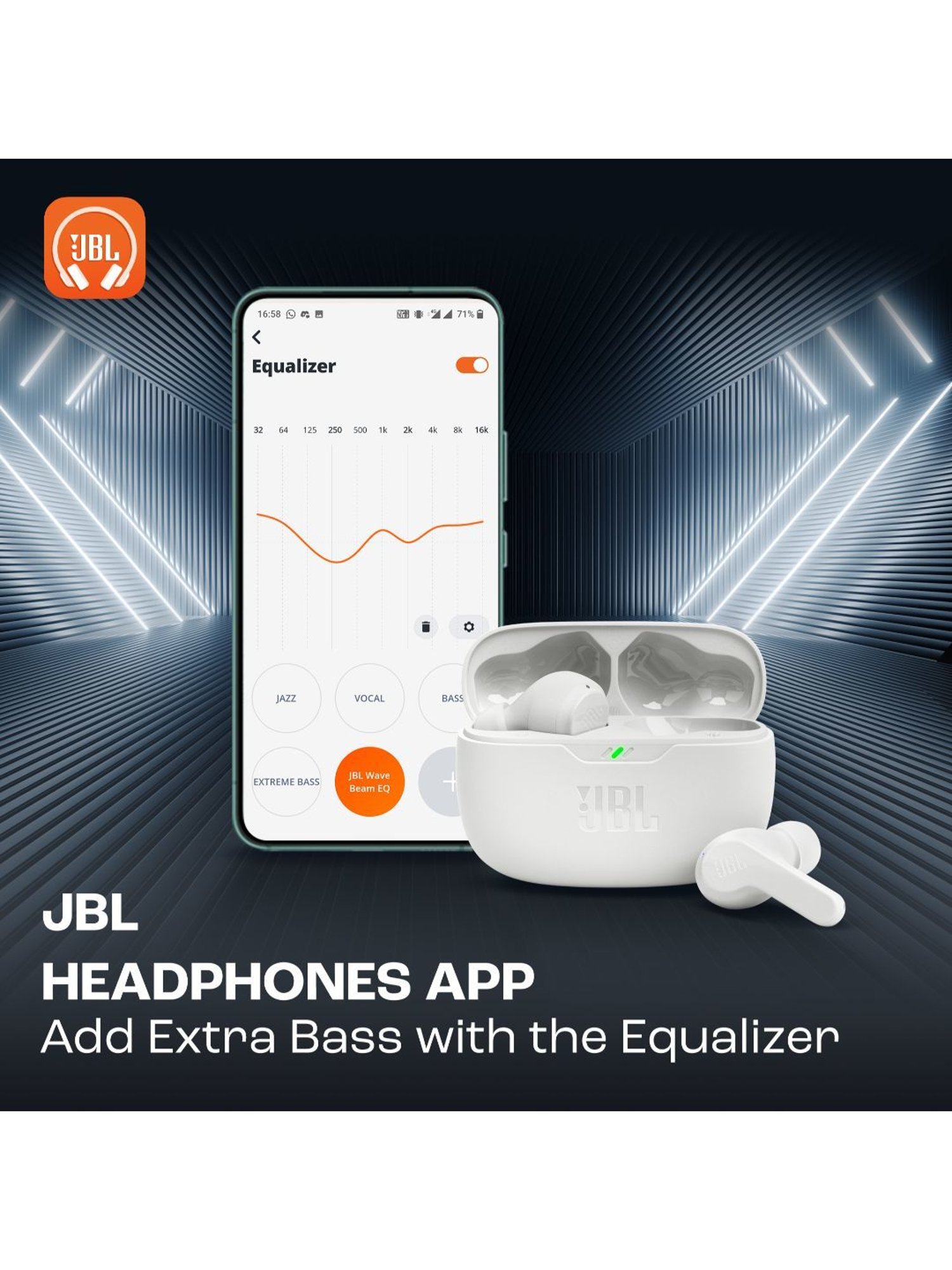 JBL Wave Beam TWS, 32Hr, Deep Bass, Dual Mode, Quick Charge, IP54, Smart Ambient & TalkThru (White)