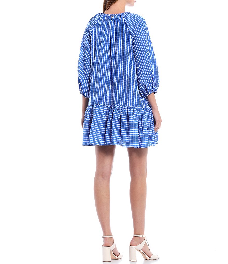 LDT Rachel Ruffled Seersucker Round Neck 3/4 Sleeve Poof Swing Dress