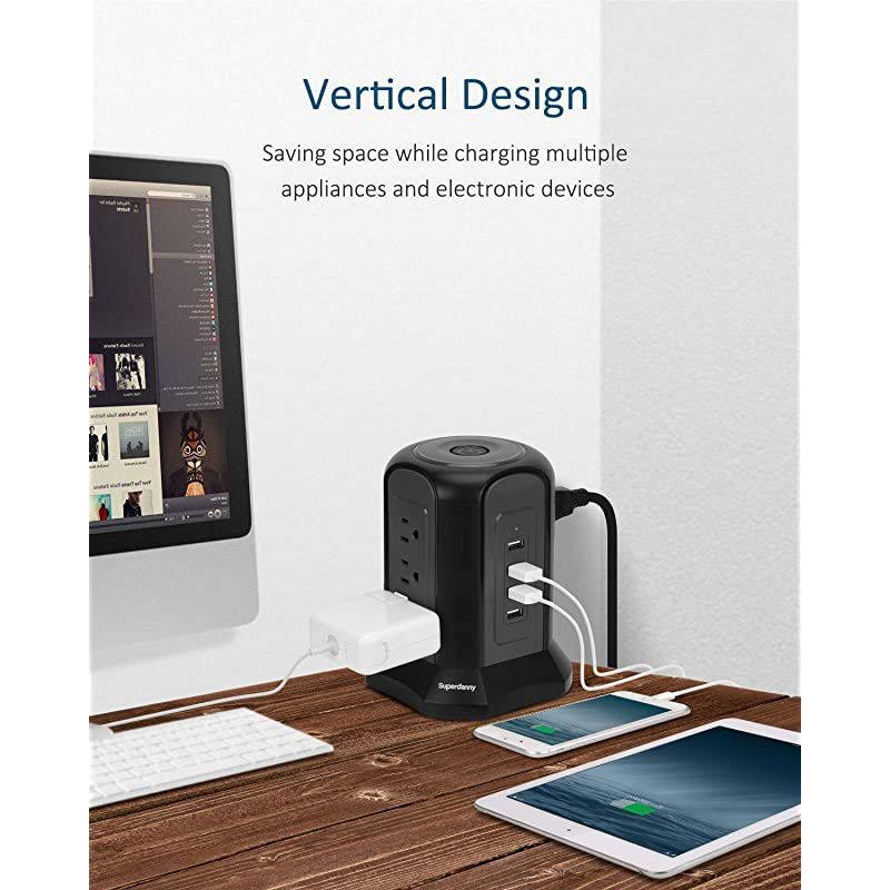 USB Power Strip Tower Surge Protector 10ft Extension Cord Desktop Charging Station 9 Outlets 4 USB 1080J Universal Voltage 110-240V Fire Proof Multiple Plug for PC Tablet Computer Office