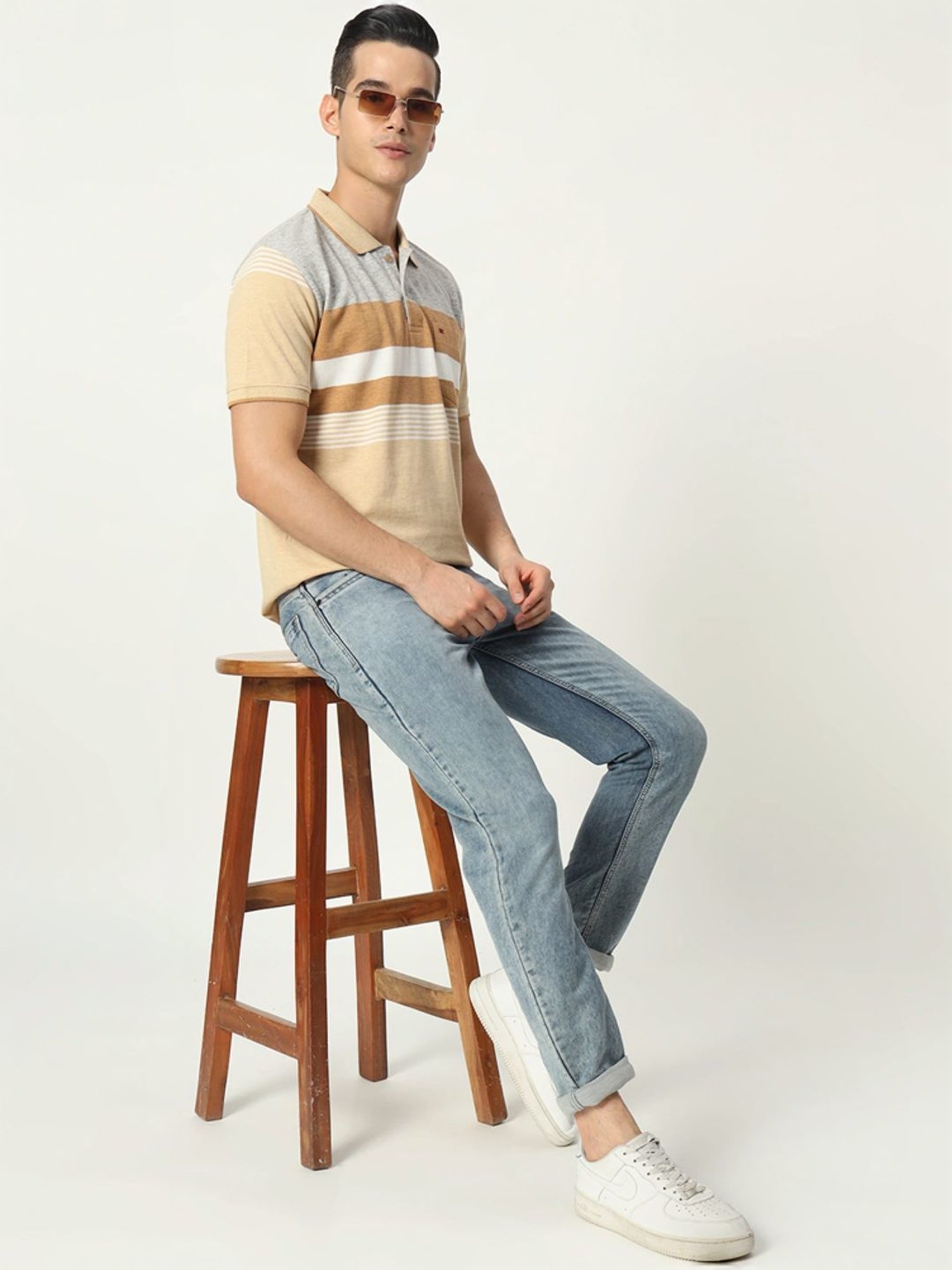 Tab91 Beige Regular Fit Striped Polo T-Shirts