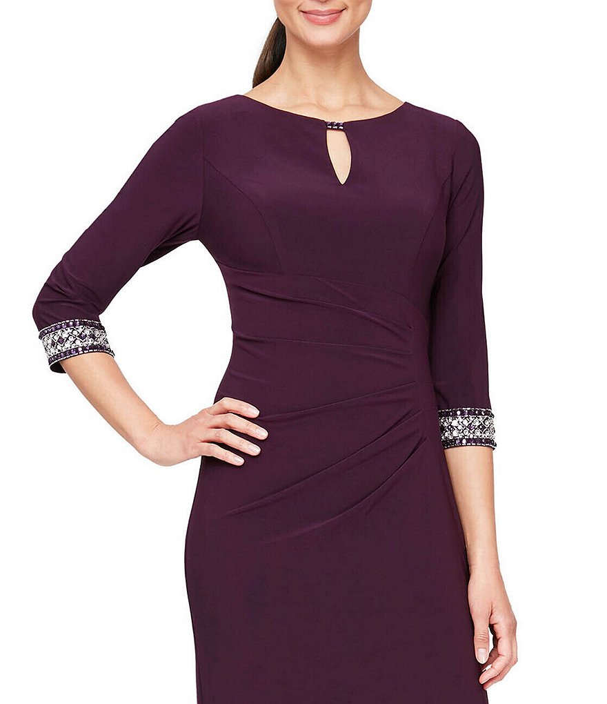 Alex Evenings Petite Size Round Keyhole Neck 3/4 Sleeve Side Ruched Embellished Cuff Gown