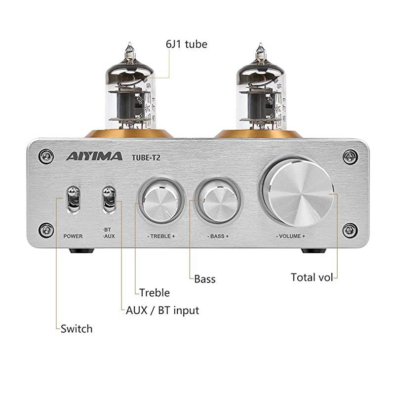 Audio 6J1 Tube Preamplifier Bluetooth 50 HiFi Treble Bass Adjustment Audio Preamplifier DC12V Amplifier Preamp for Home Theater System Silver+Bluetooth 50