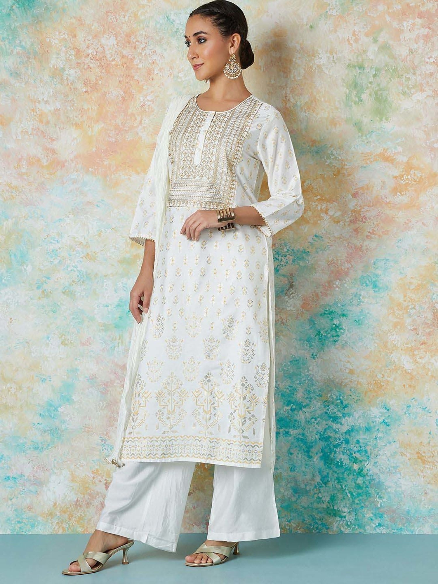 Melange by Lifestyle Off-White Embroidered Kurta Palazzo Set With Dupatta