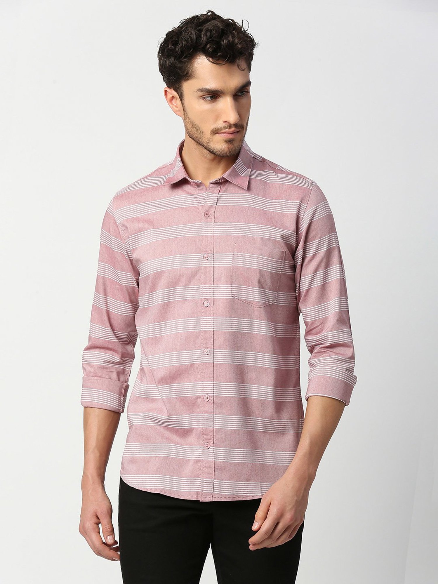 SOLEMIO Pink Slim Fit Striped Shirt