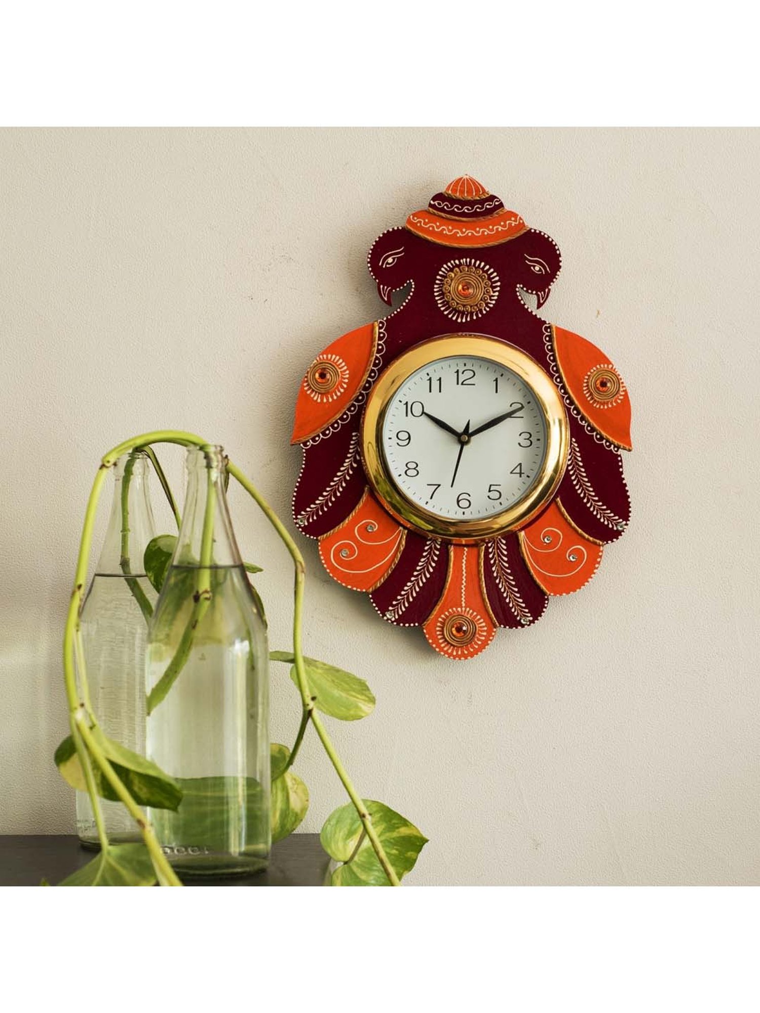 eCraftIndia Handcrafted Papier-Mache 2 Peacocks Decorative Wall Clock
