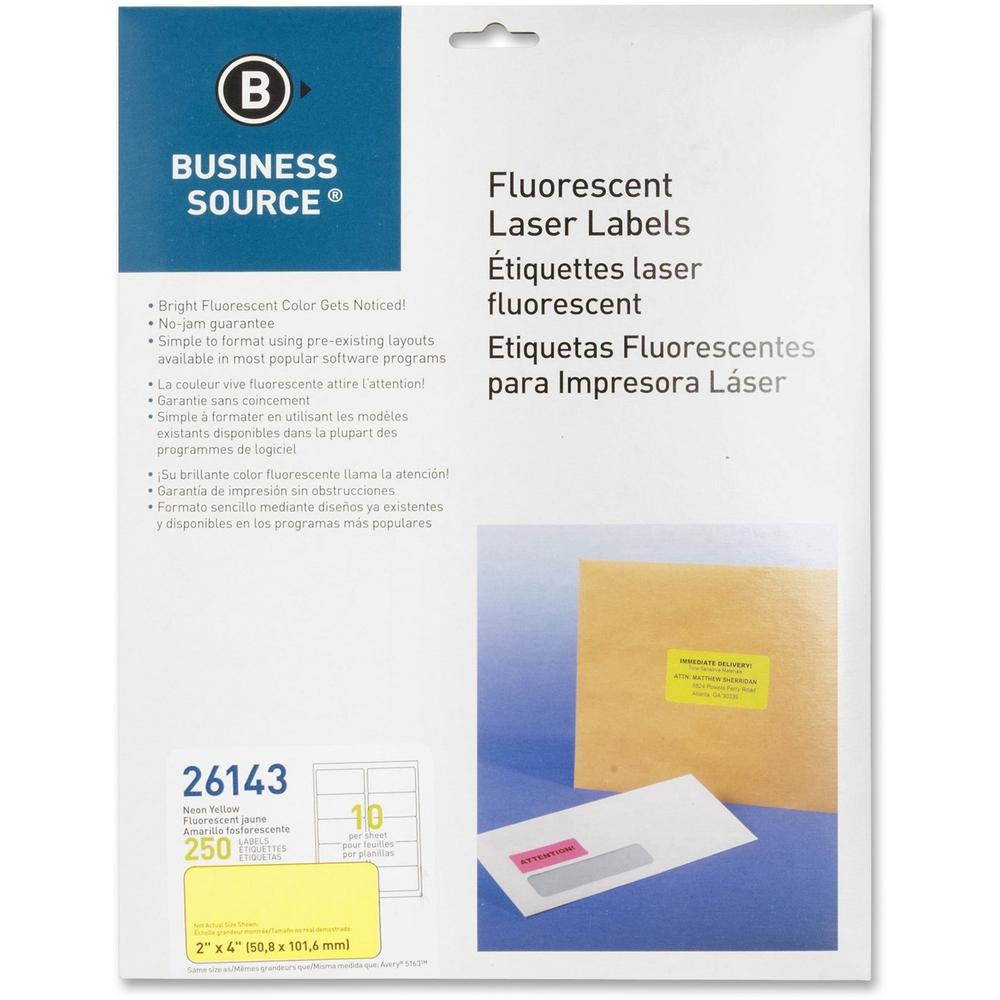 Business Source Laser Labels Fluorescent 2"x4" 250/PK Neon Yellow 26143