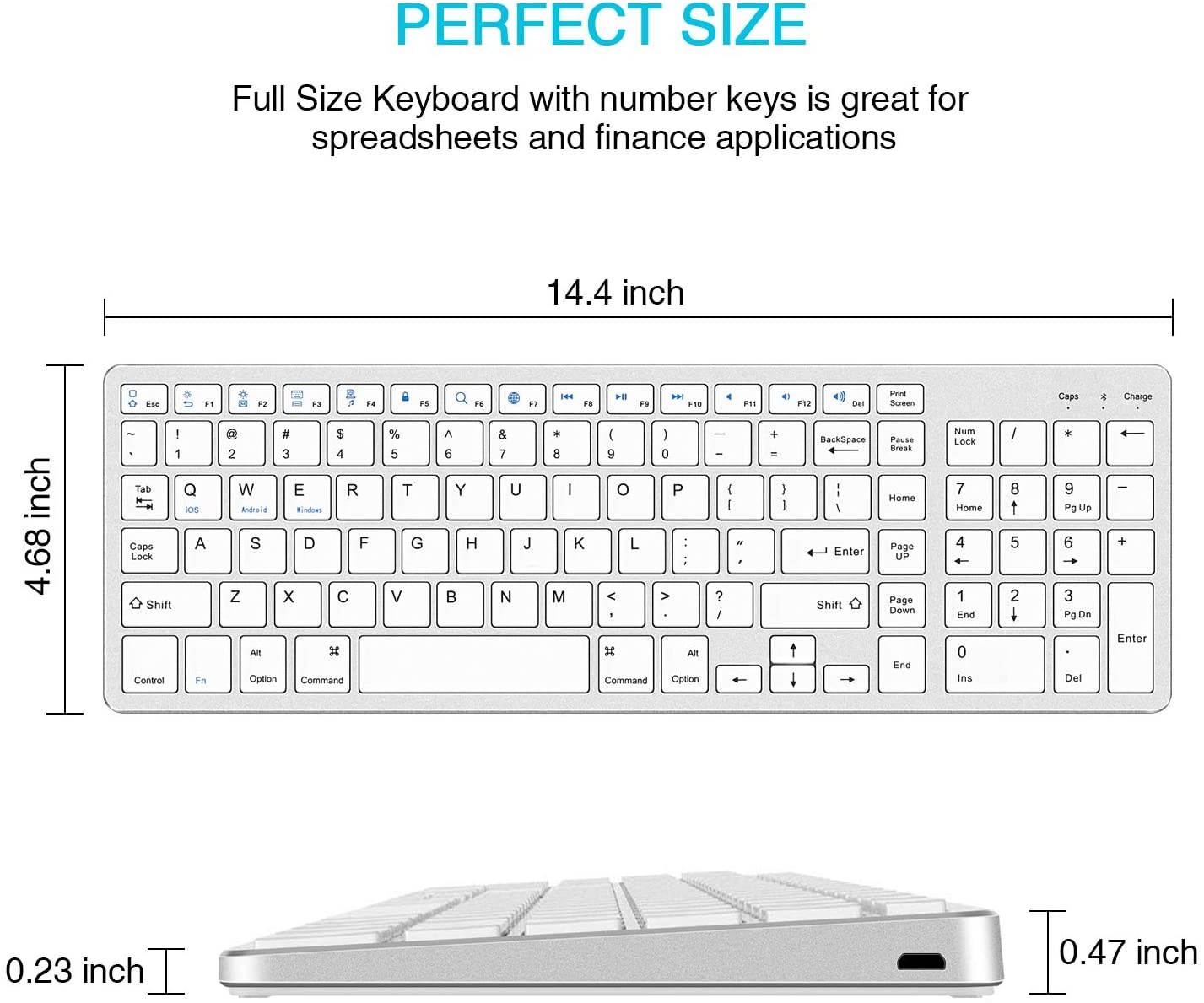 Bluetooth Keyboard, Rechargeable Portable BT Wireless Keyboard with Number Pad Full Size Design for Laptop Desktop PC Tablet, Windows iOS Android (Silver)