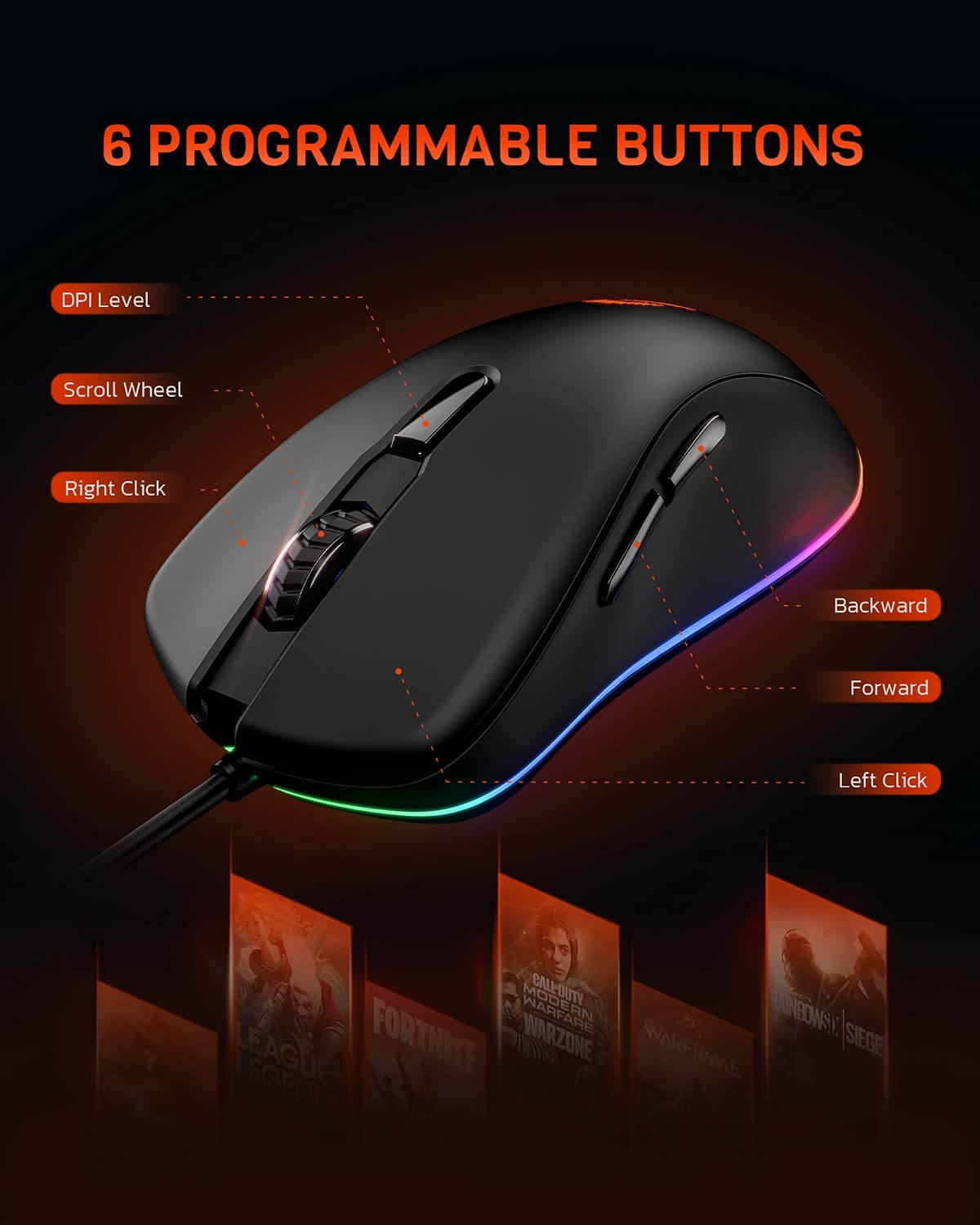 DAREU EM908 Wired Gaming Mouse, 6 Programmable Buttons, Ergonomic RGB Gaming Mouse with 16.8 Million Chroma 7 Backlit for PC, Laptop, and Notebook