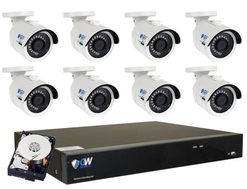 GW 4K Ultra HD 8MP PoE IP Camera Security System, 8-channel H.265 NVR UHD 4K Output, 4 x 4K 8 Megapixel WDR Weather Proof PoE IP Cameras, Smart Video Search Customizable Motion Detection, 2TB HDD