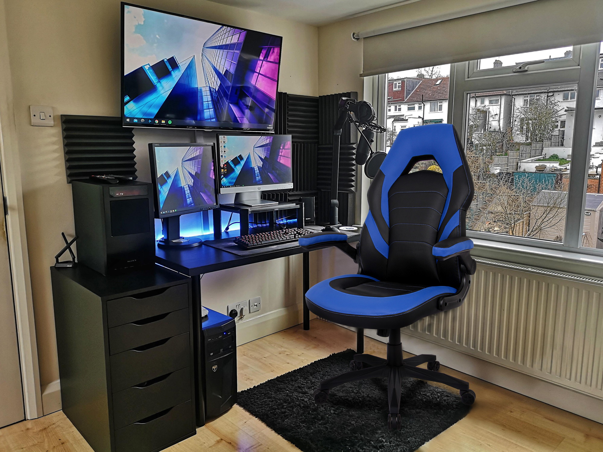 RIMIKING Bonded Leather Racing Ergonomic Gaming Chair Executive Computer Desk Office Chair with Height Adjustable 360&deg;Swivel Flip-up Arms Lumbar Support