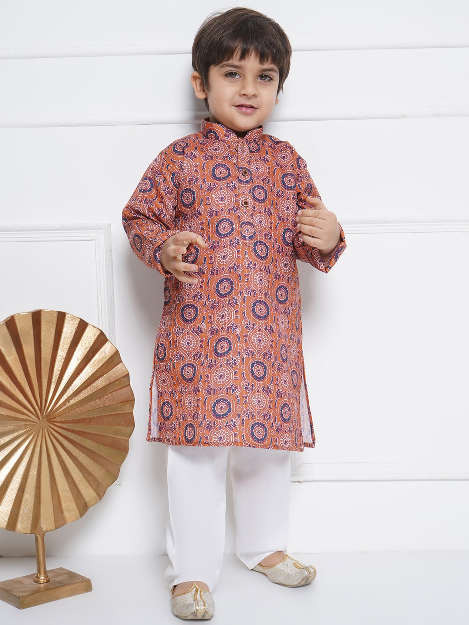AJ Dezines Kids Orange & White Printed Full Sleeves Kurta with Pyjamas