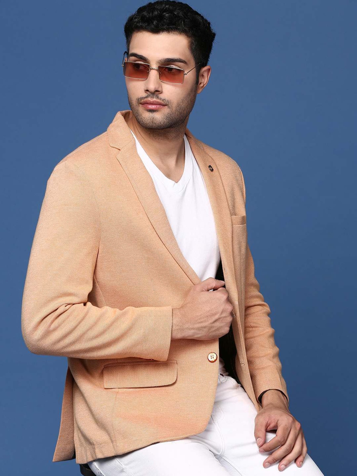 Showoff Orange Cotton Slim Fit Blazer