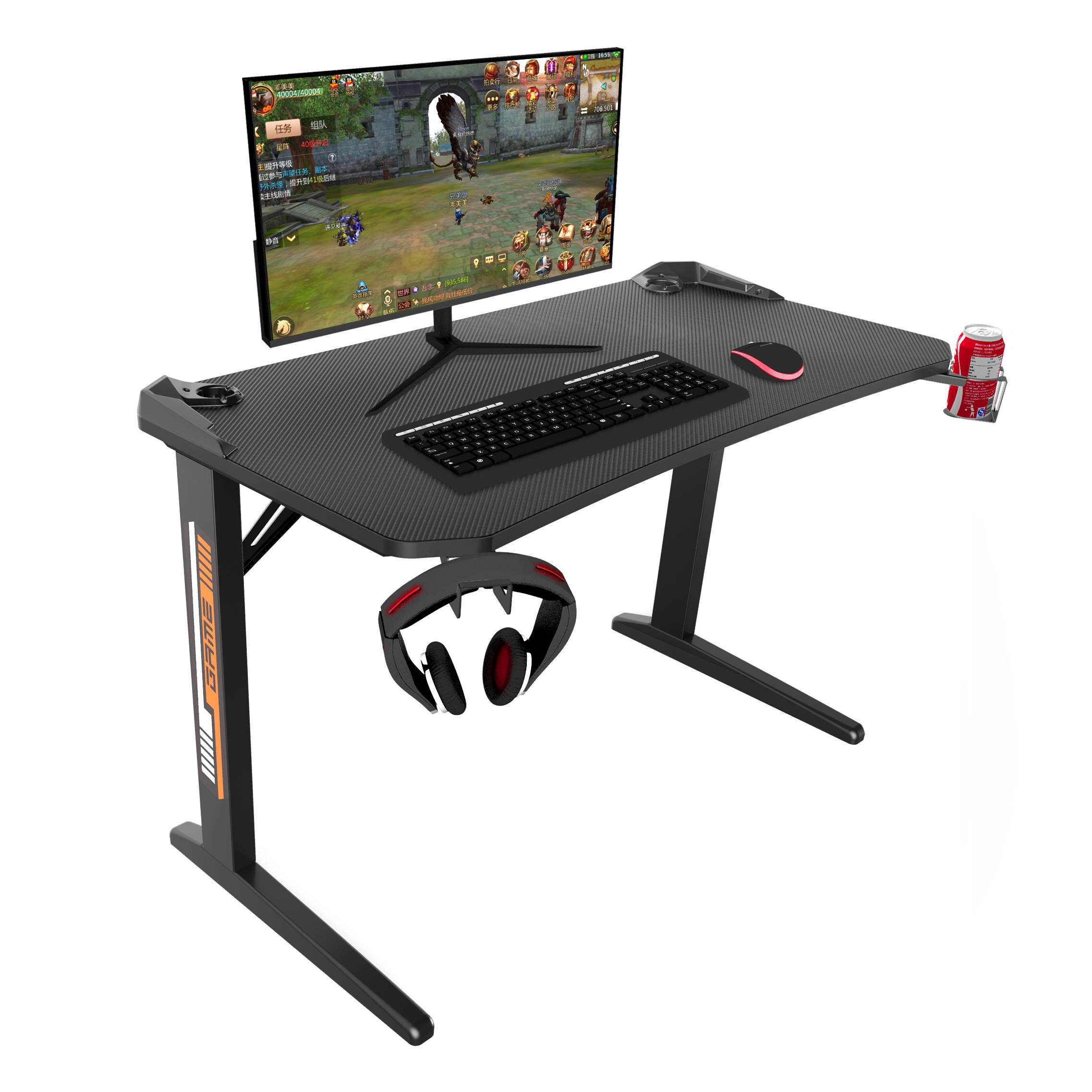 GOICHI Large Gaming Desk 43 Inch Computer Gaming Desk E-Sports Racing Table with with Cup Holder, Headphone Hook for Home Office, Black