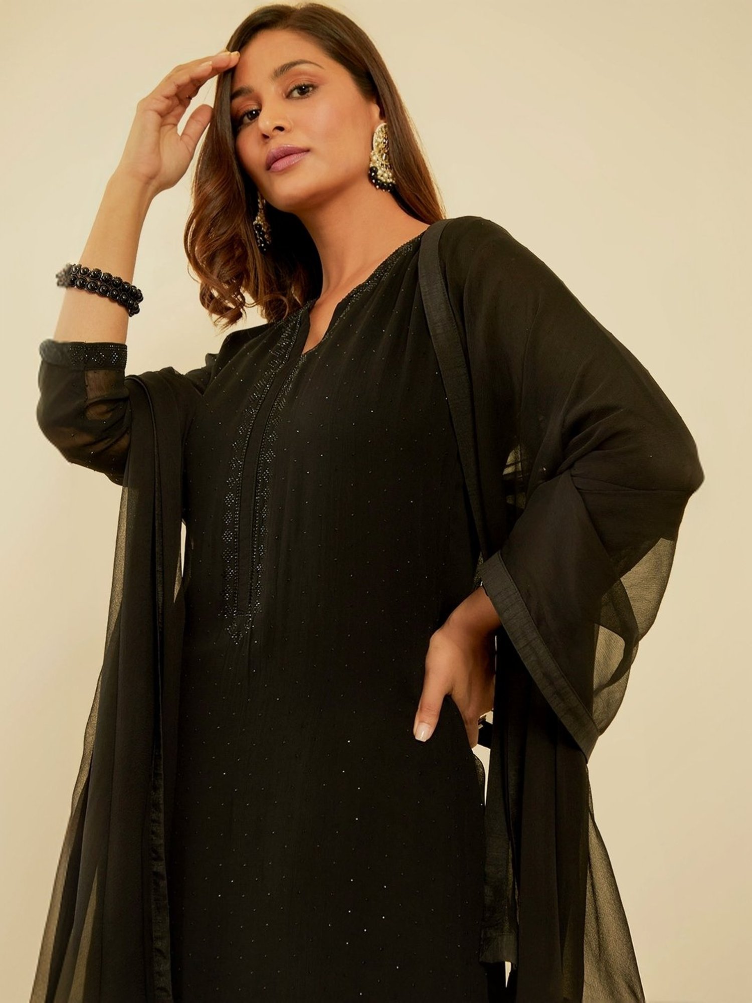 Soch Coal Black Embellished Kurti Dhoti Pant Set With Dupatta