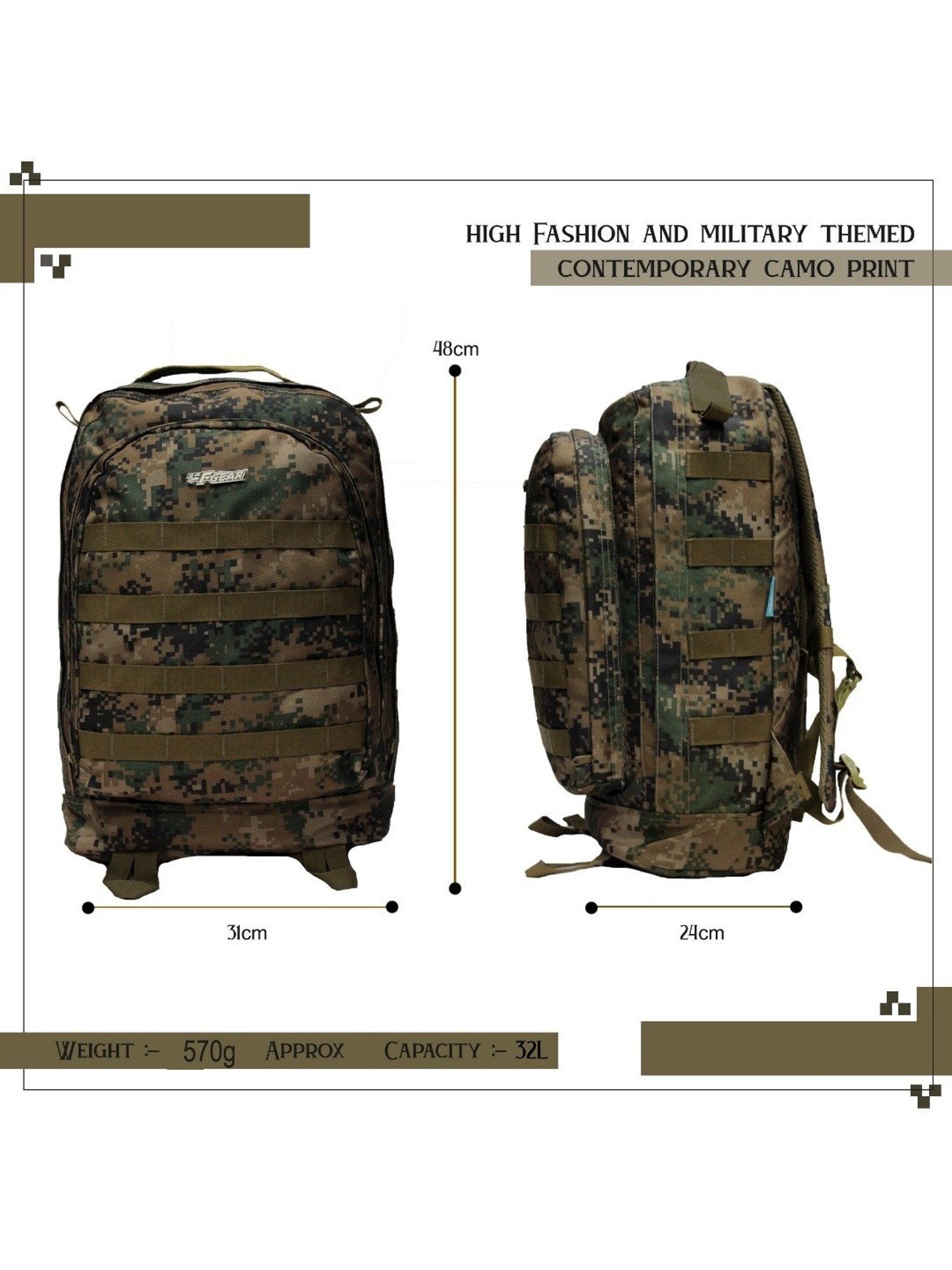 F Gear Tricoder 32 Ltrs Marpat Khaki Camo Medium Backpack