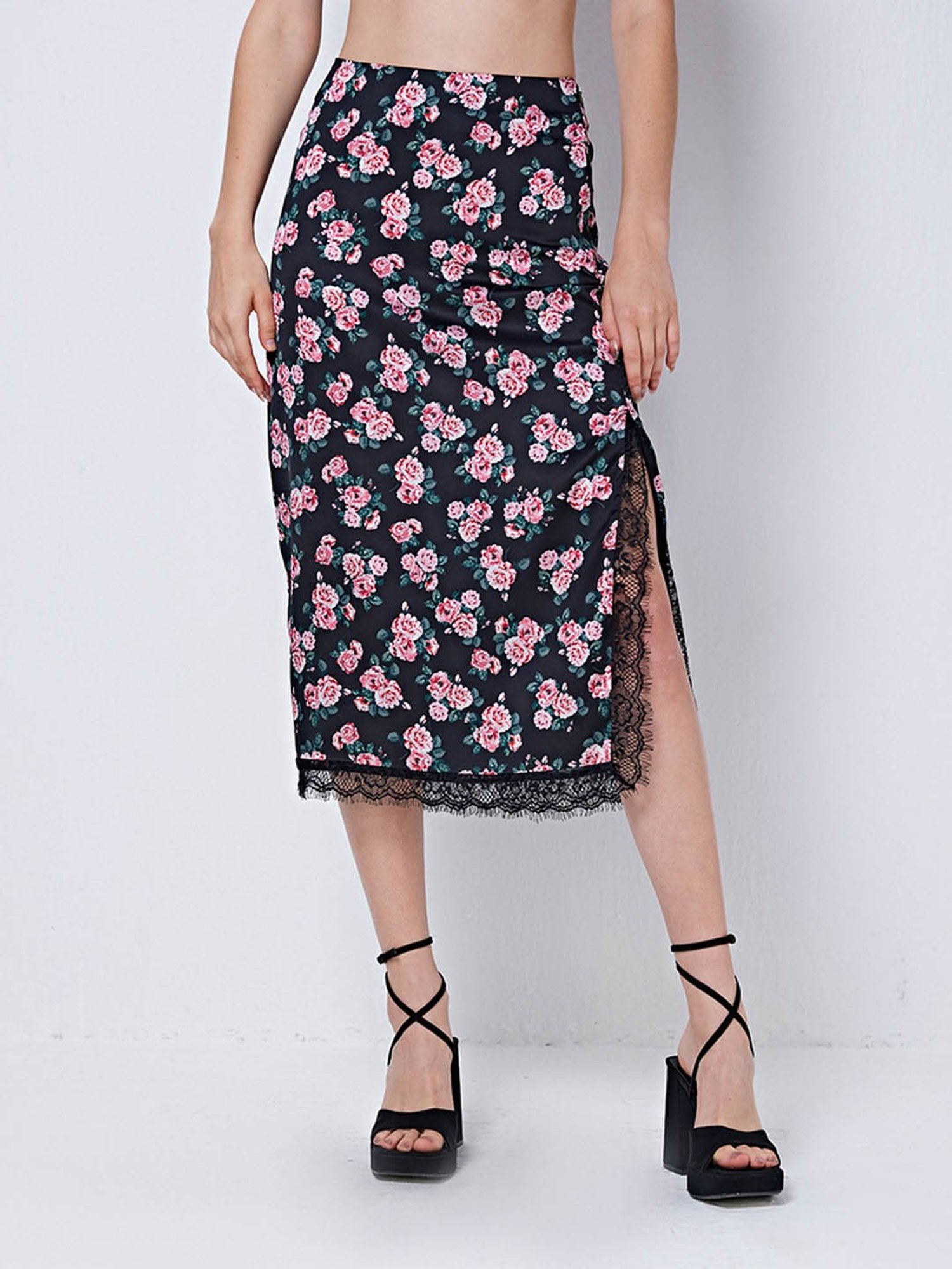 Cover Story Black Floral Print A-Line Midi Skirt