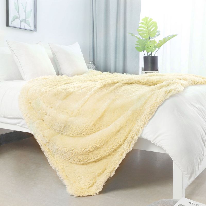 1 Pc Full/Queen Microfiber Long Shaggy Bed Blankets Pale Yellow  - PiccoCasa