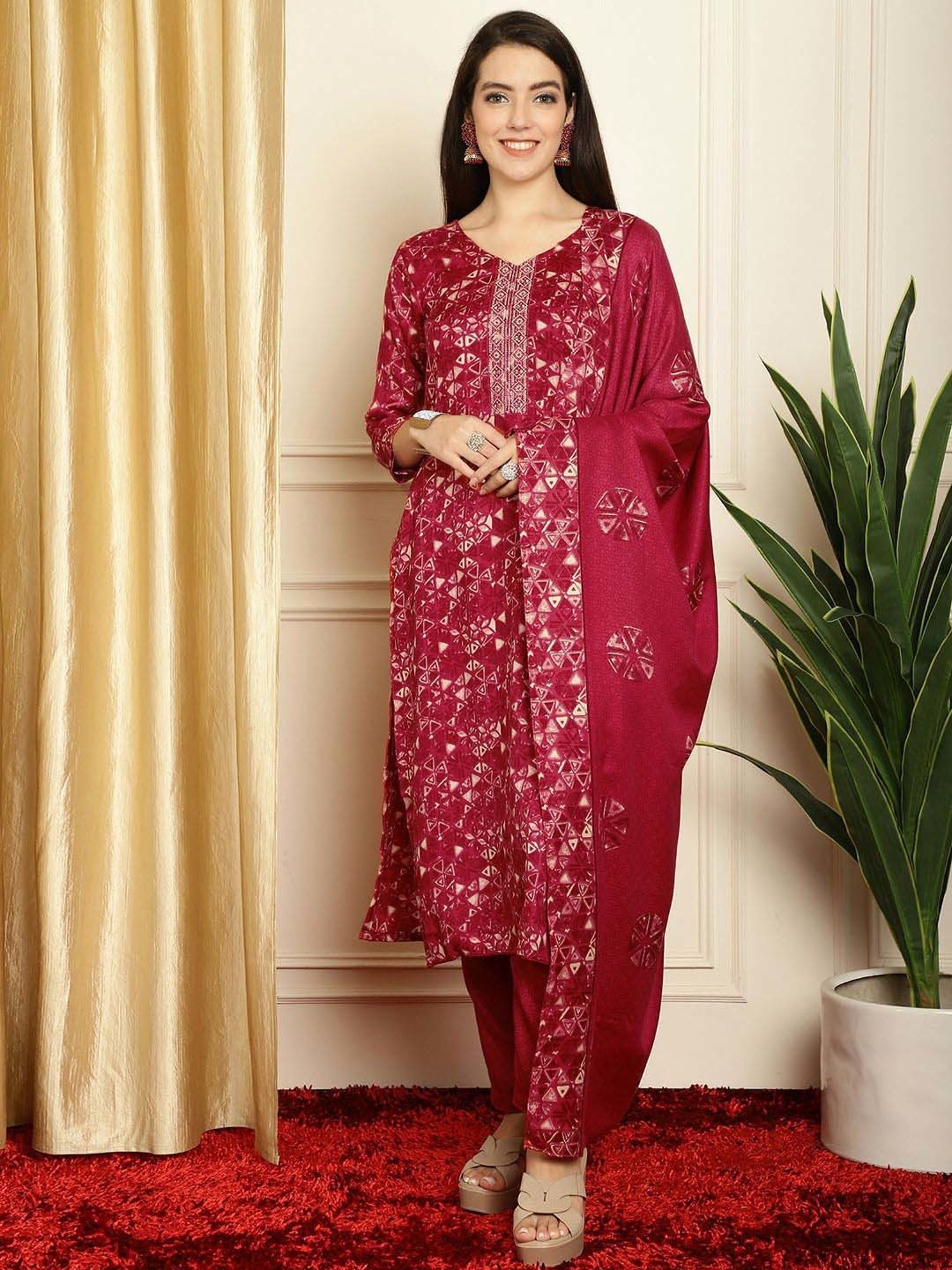 Stylee LIFESTYLE Pink Printed Unstitched Dress Material