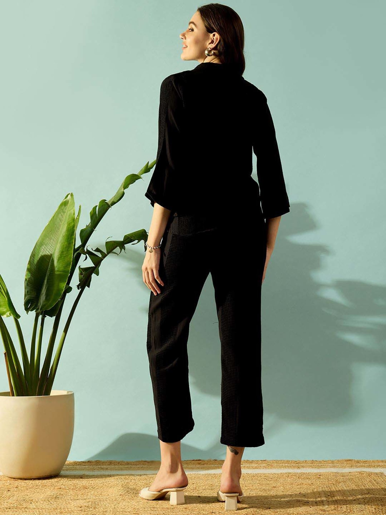 The Kaftan Company Black Cotton Self Pattern Top Pants Set