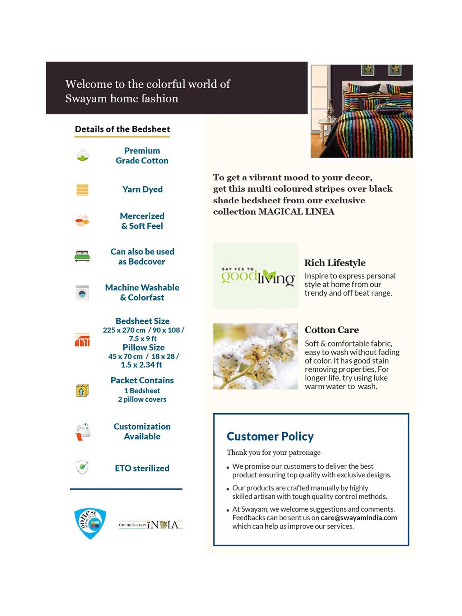 Swayam Magical Linea Stripes Multicolor 180 TC Cotton King Bedsheet with 2 Pillow Covers