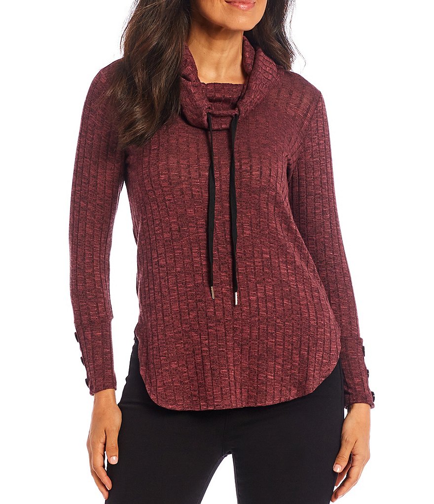 I.N. Studio Petite Solid Drawstring Cowl Neck Long Sleeve Knit Top