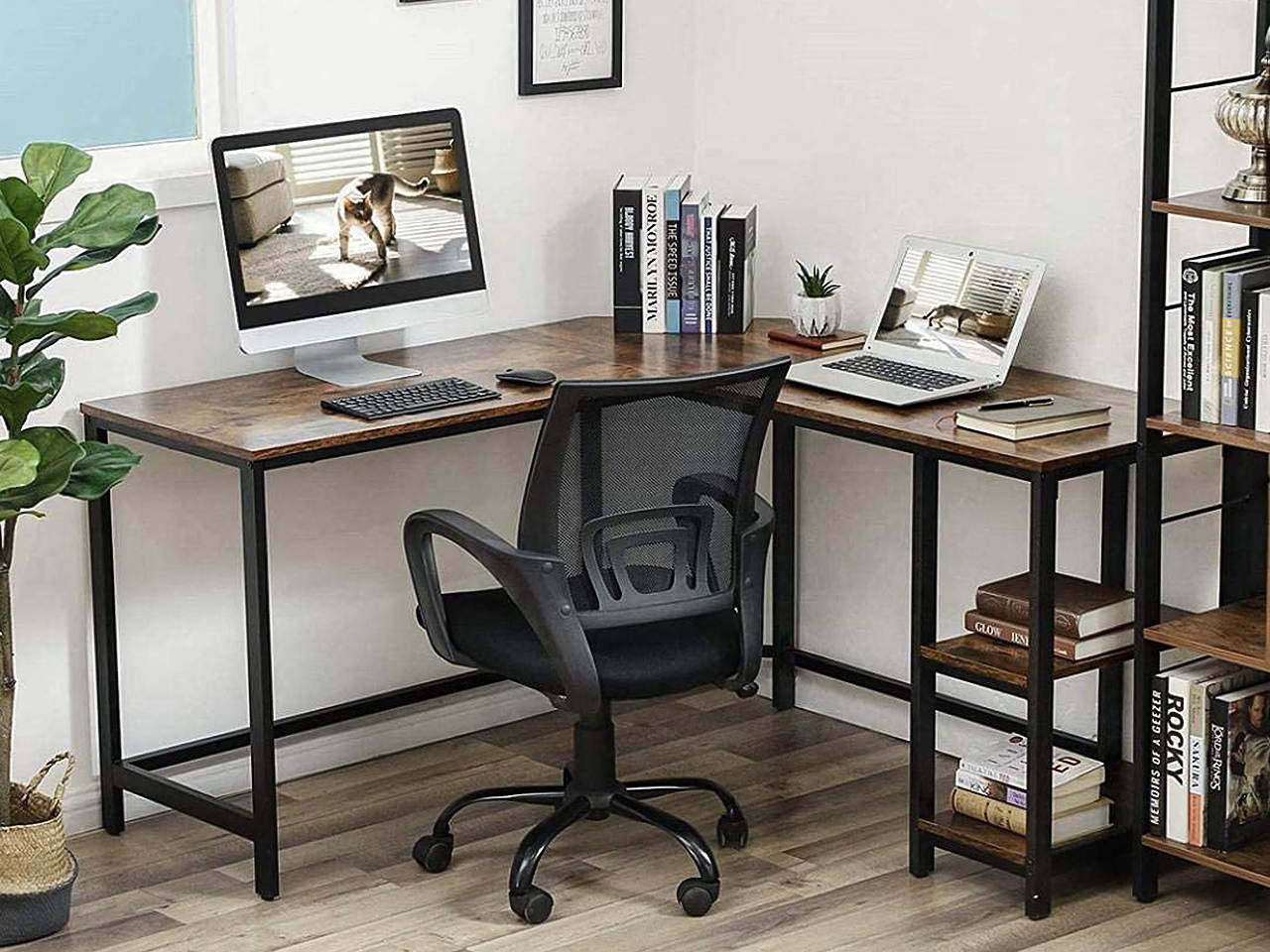 54.3 inch L-Shaped Computer Desk Corner Desk, Office Study Workstation with Shelves, Space-Saving, Easy to Assemble, Rustic Brown