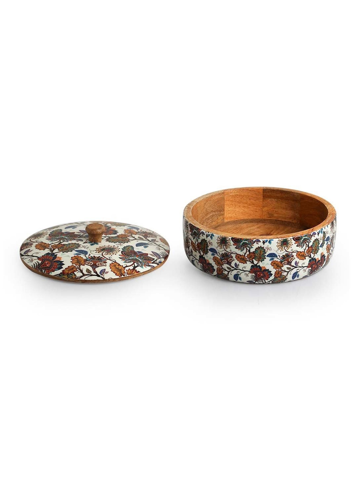 ExclusiveLane Mango Wood Floral Chronicles Hand-Enamelled Casserole Chapati Box With Lid (1.14 L)