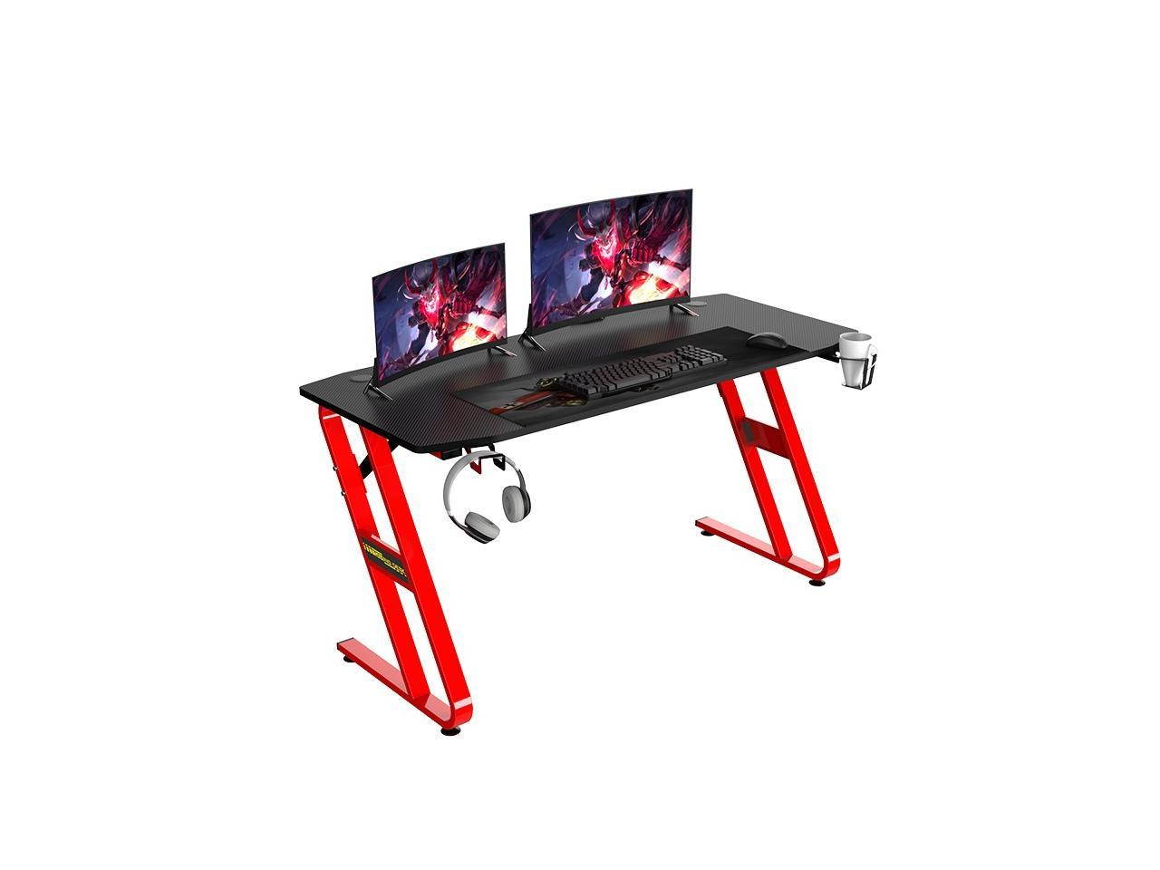 Gaming Desk Ergonomic 55Inch Gaming Desk - 55" Z Shaped Home Office PC Computer Gaming Table with Cup Holder Headphone Hook & 2 Cable Management Holes