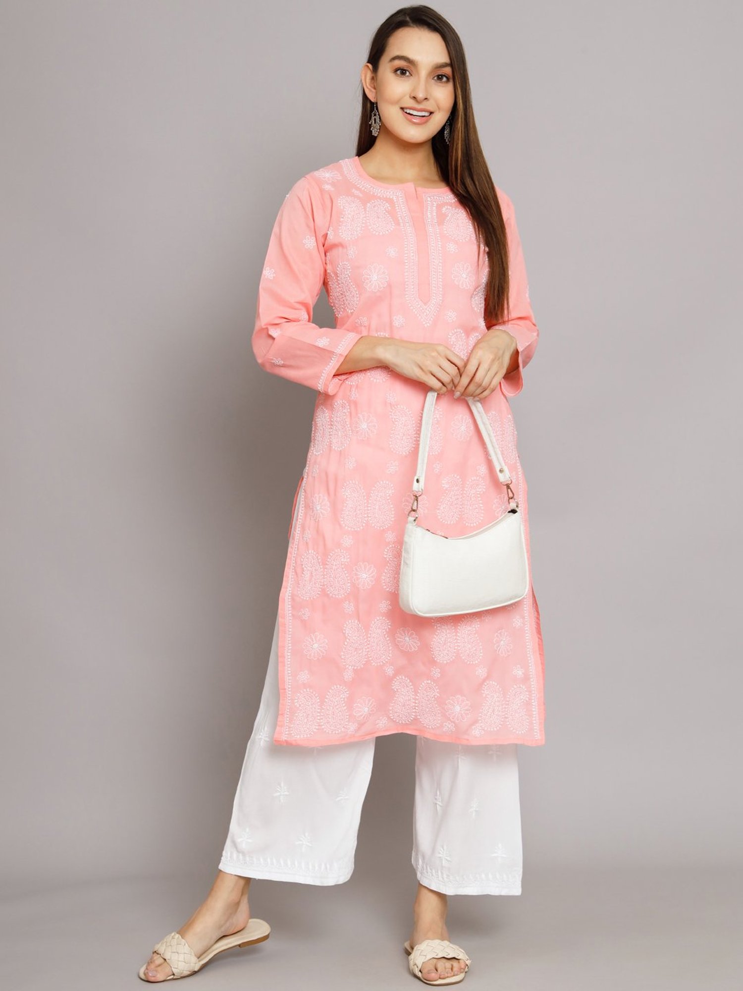 PARAMOUNT CHIKAN Pastel Pink Cotton Chikankari Straight Kurta
