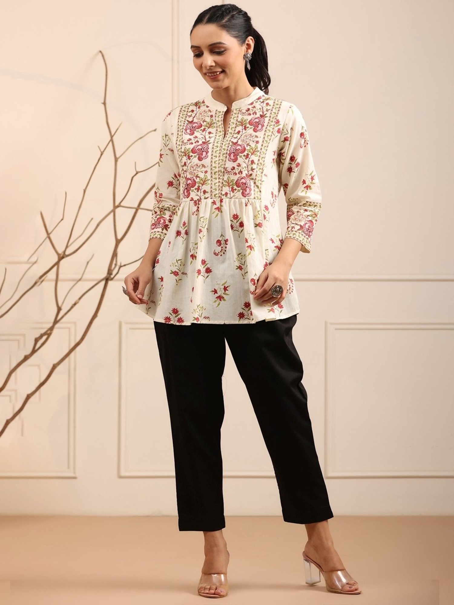 Rain and Rainbow Cream & Pink Cotton Printed Top