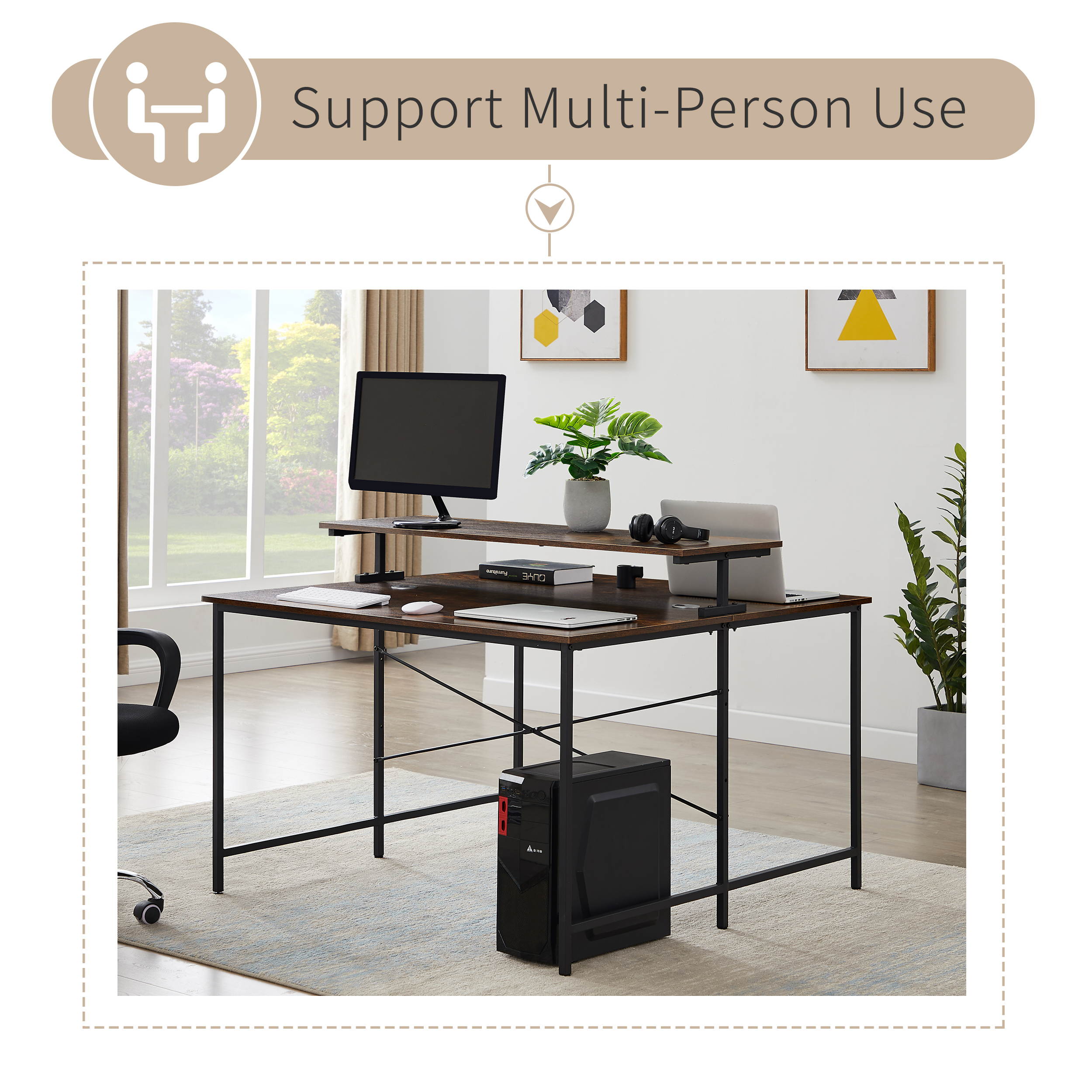 47" Two Person Computer Desk Double Workstation Extra Large Office Desk Gaming Desk with Monitor Shelf Brown