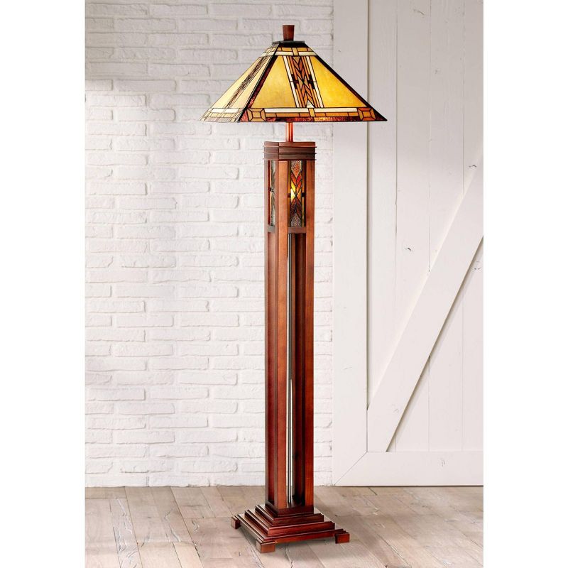 Robert Louis Tiffany Mission Floor Lamp with Nightlight Walnut Wood Column Stained Glass Shade for Living Room Reading Bedroom