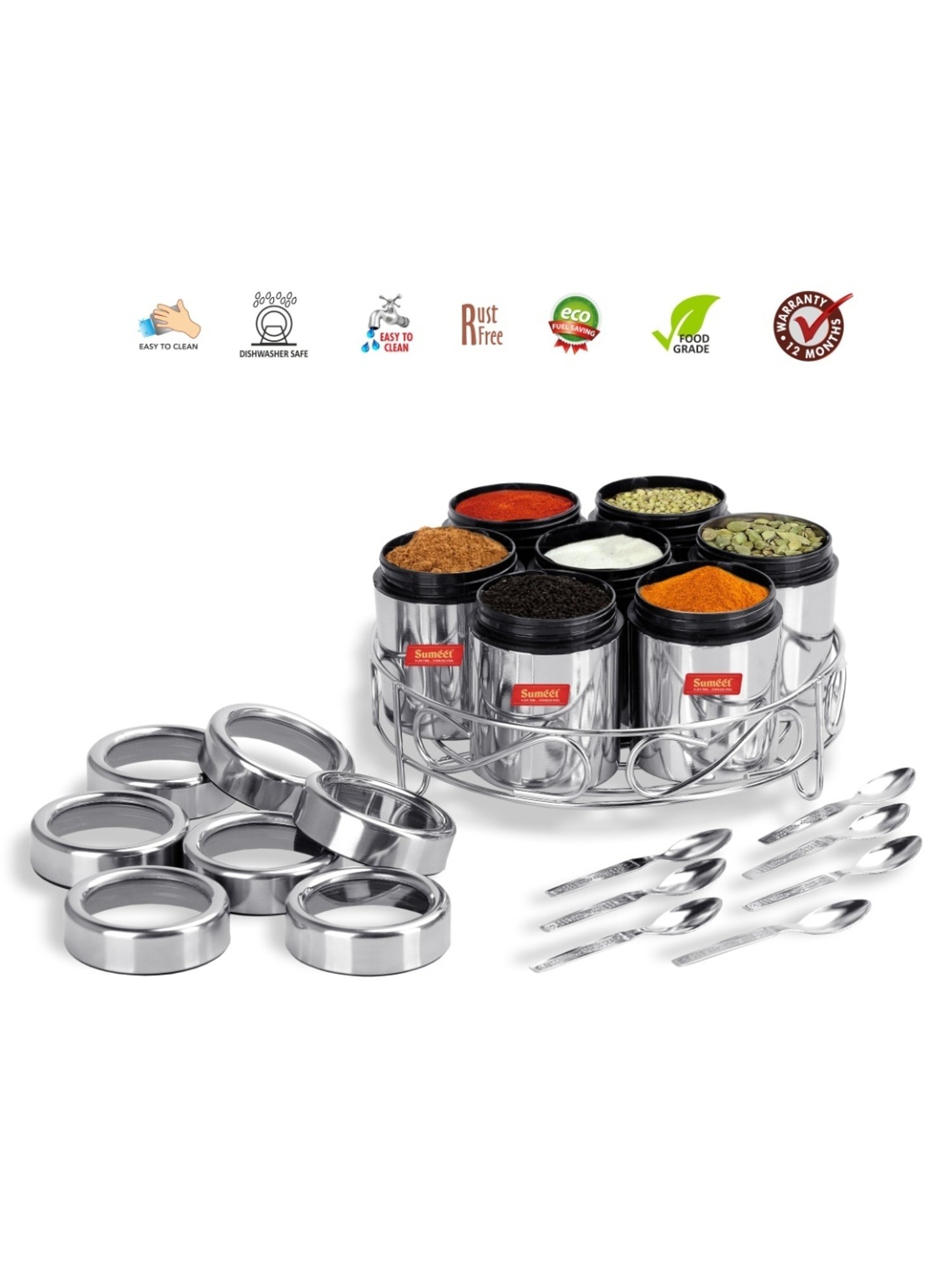 Sumeet 7in1 Stainless Steel + See through Lid Masala Stand / Dry Fruit Stand with Stand and 7 Spoons