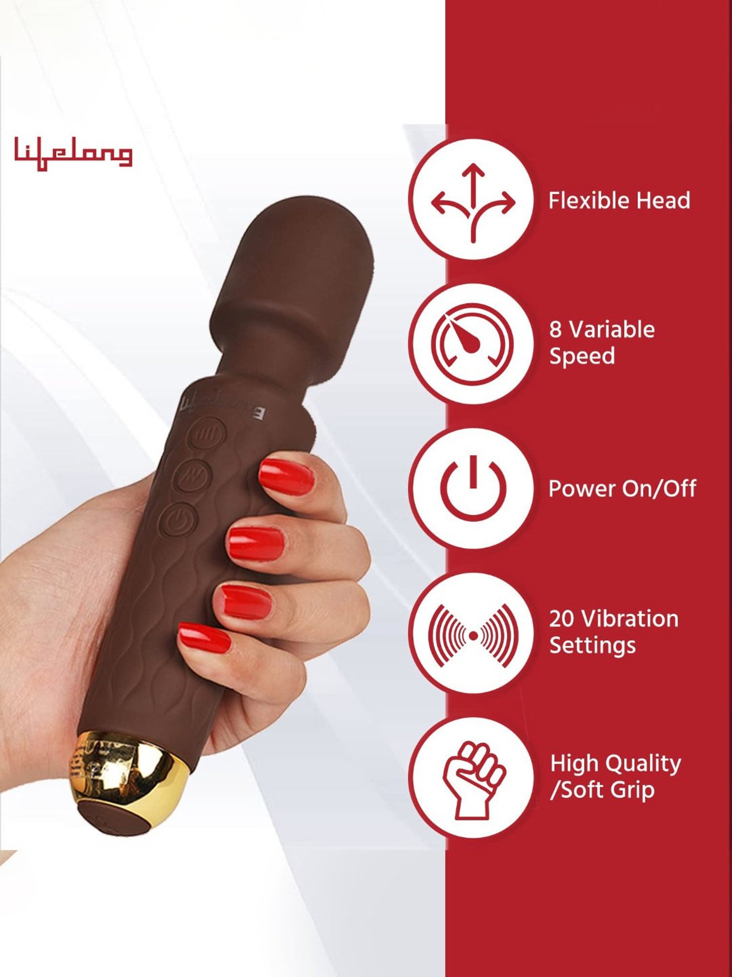 Lifelong LLM414 Rechargeable Wireless Body Massager Machine with 20 Vibration Modes (Brown)