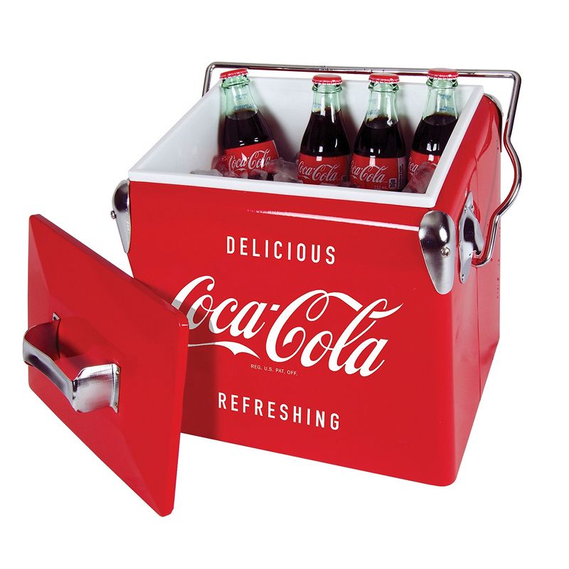 Koolatron CBVIC-13 Official Coca Cola Design 14 Quart 13 Liter Drink Cooler Metal Exterior with Built-In Bottle Opener