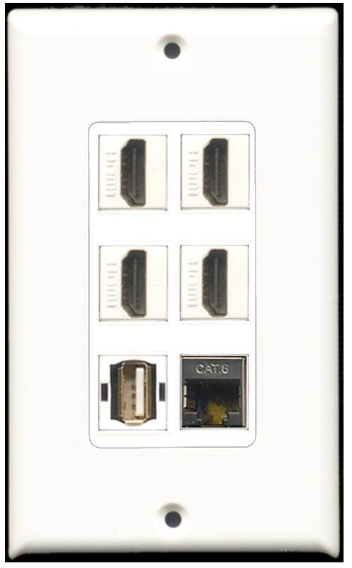 Wallplate City - 4 Port HDMI 1 USB A-A 1 Shielded Cat6 Ethernet Wall Plate DecorZ