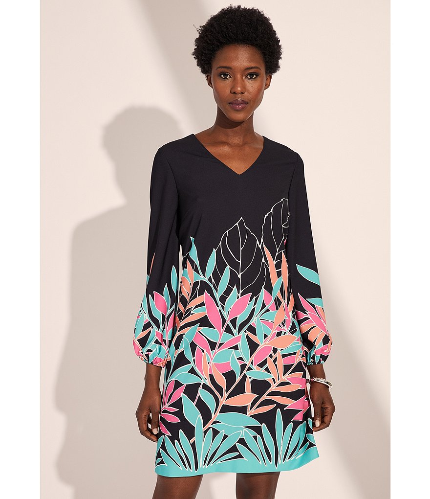 Tahari ASL V-Neck 3/4 Puff Sleeve Leaf Motif Shift Dress