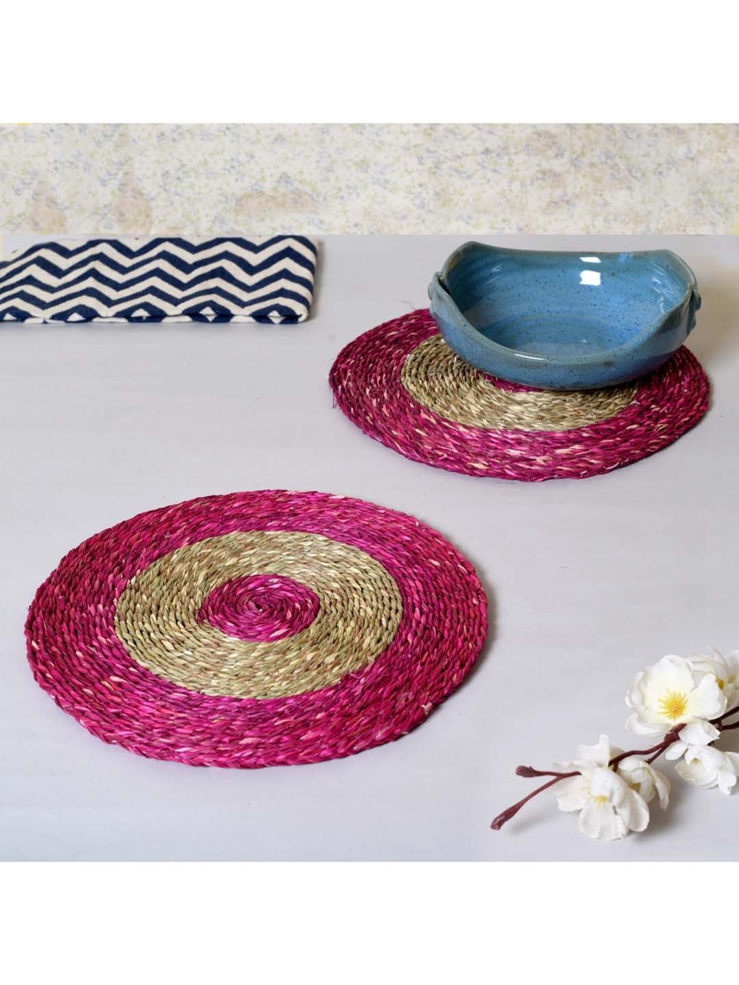 Unravel India Pink & Beige Sabai grass Coaster - Set of 2