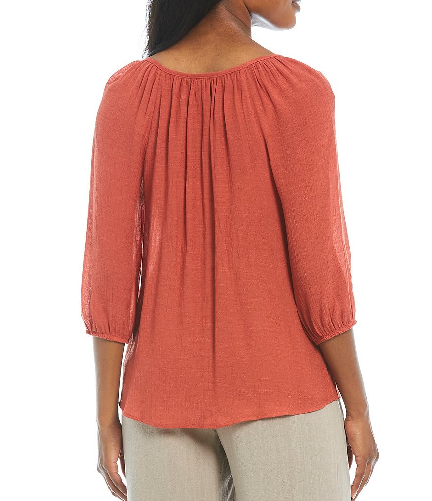 I.N. Studio Lace Trim Tie Scoop Neck Pintuck Detail 3/4 Sleeve Peasant Top