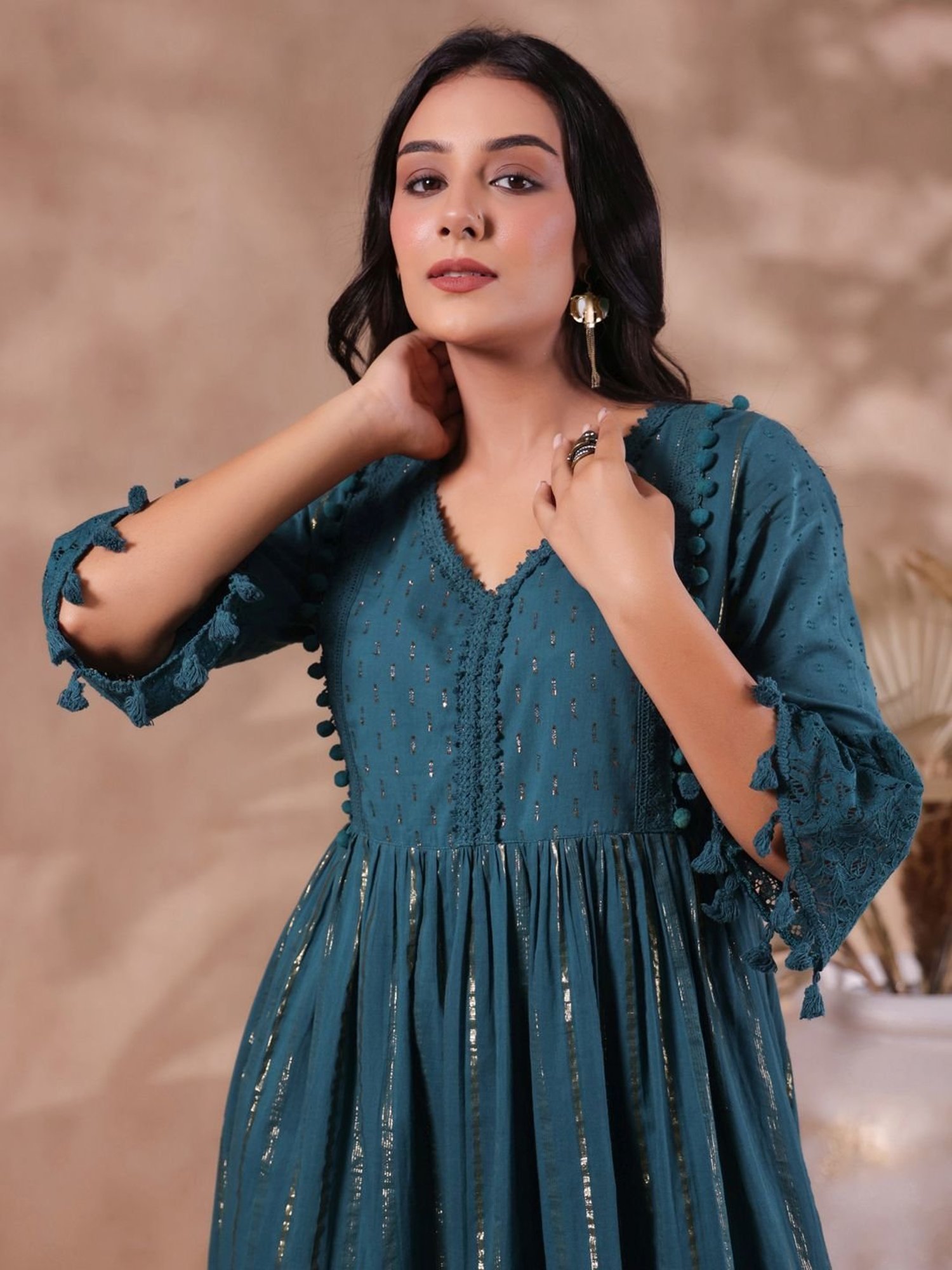 Ishin Teal Blue Cotton Embroidered A-Line Dress