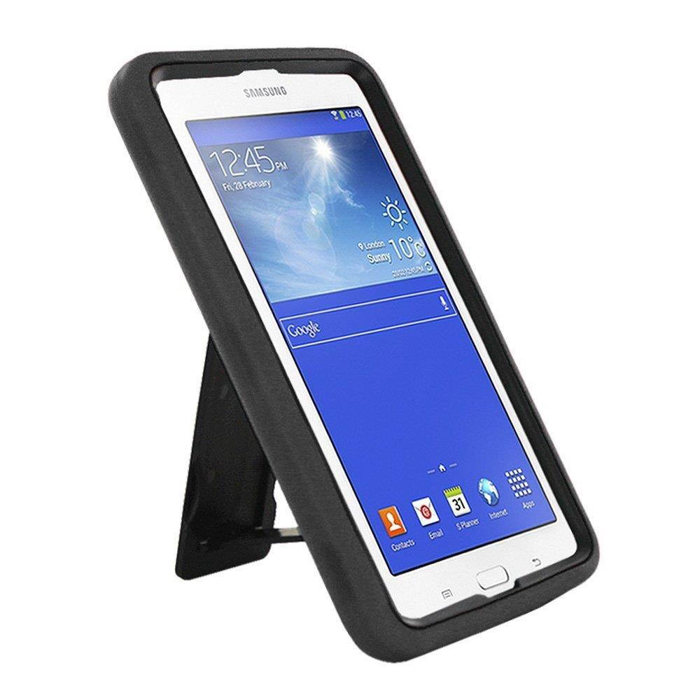 Samsung Galaxy Tab 3 7" LITE SM-T110 Drop Protection Hybrid Case Full Body Silicone Plastic Cover featuring Built-In Kickstand and Screen Protector - Black / Black by KIQ (TM)