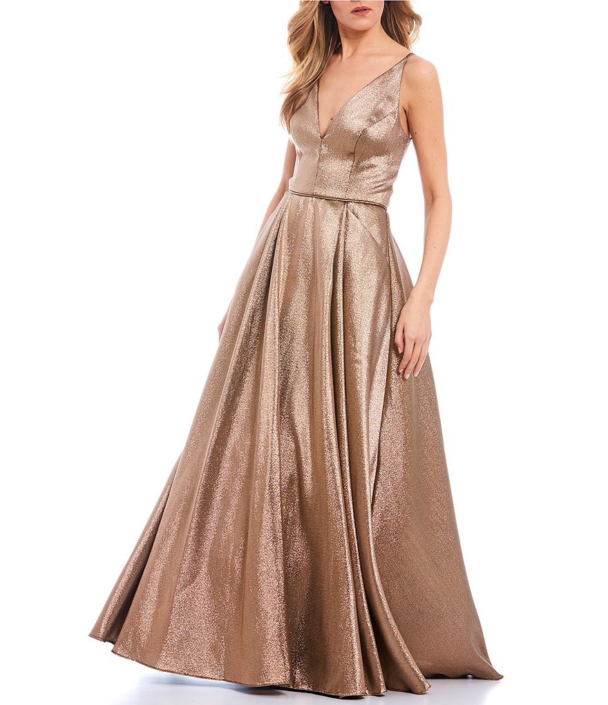 Blondie Nites Spaghetti Strap V-Neck Metallic Satin Ball Gown