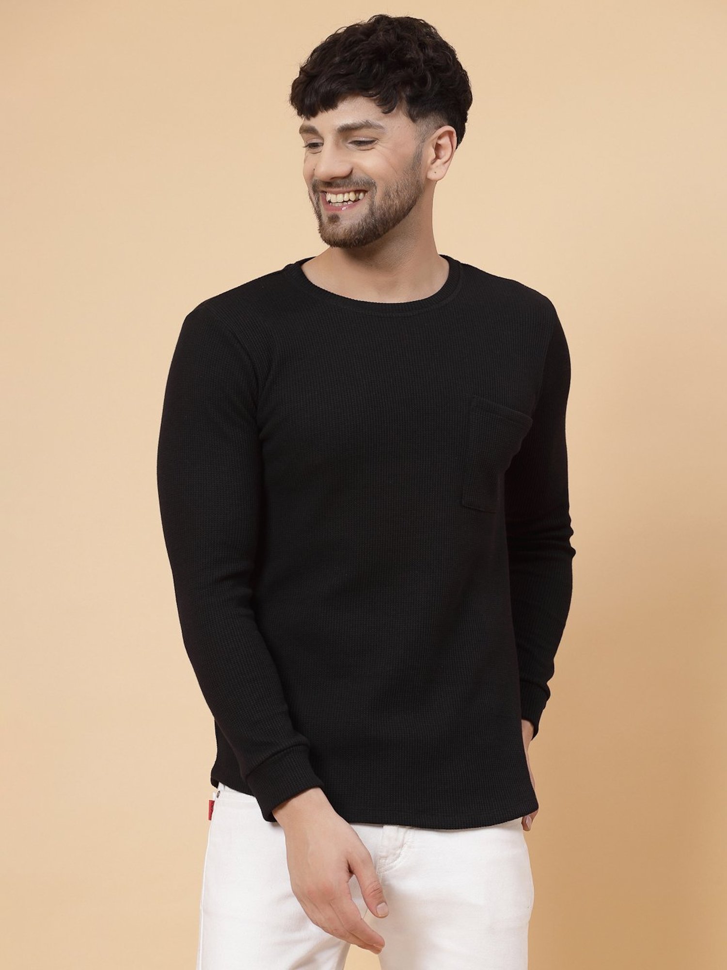 Rigo Black Regular Fit Textured Crew T-Shirt