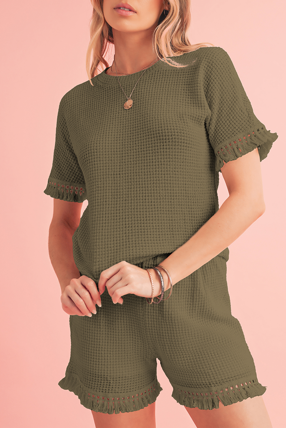 Laurel Green Fringe Trim Waffle Knit Textured Shorts Set